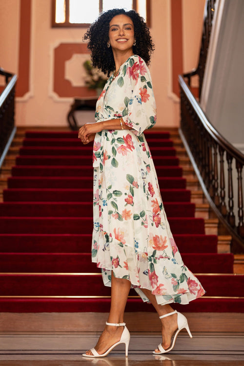 Yumi Ivory Floral Print Wrap Midi Dress With Dipped Hem