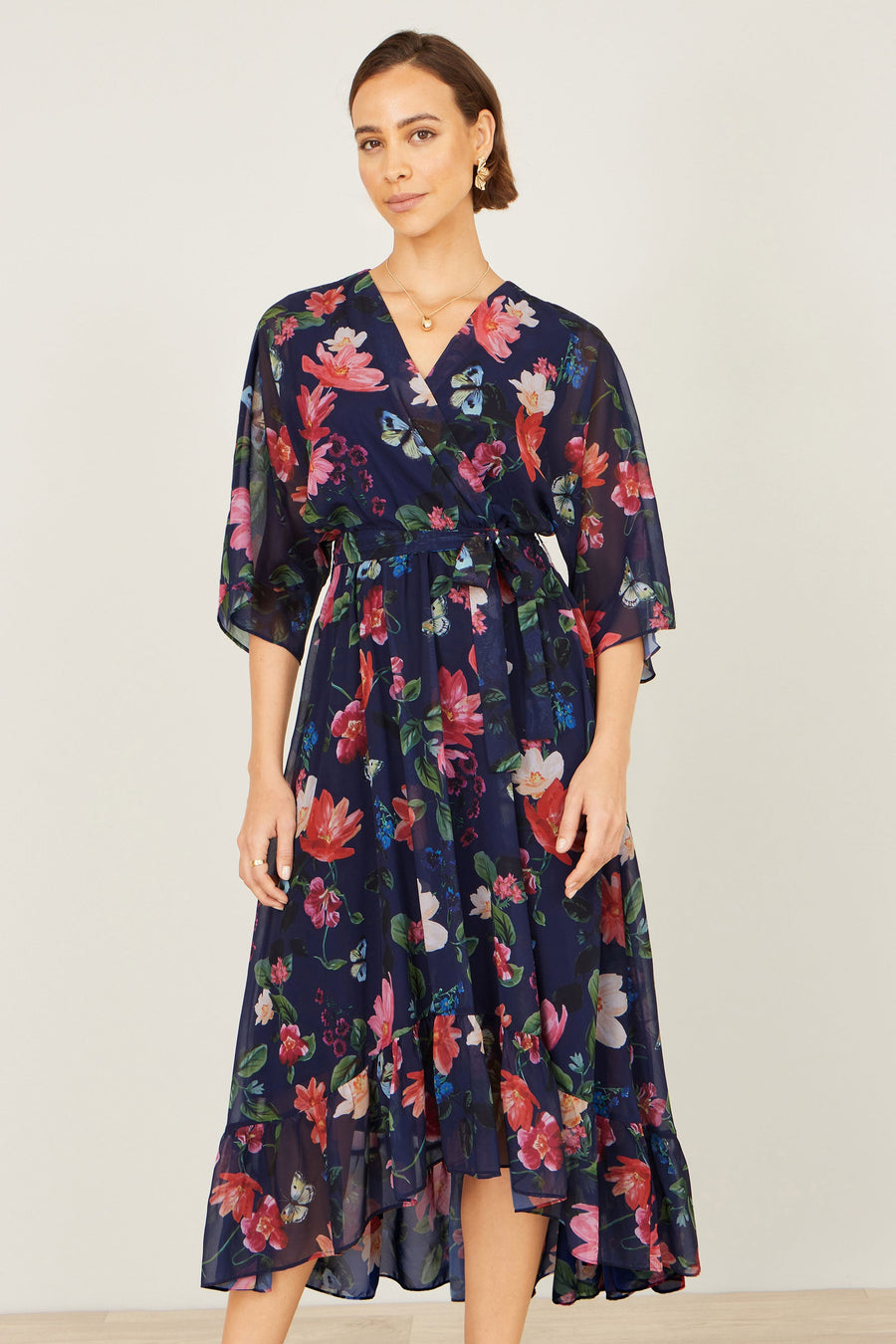 Yumi Navy Floral Kimono Wrap Dress With Dip Hem