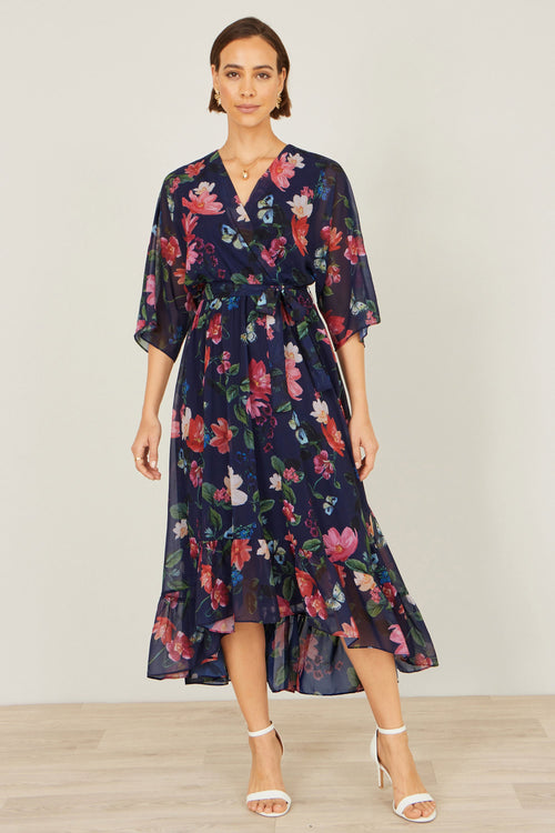 Yumi Navy Floral Kimono Wrap Dress With Dip Hem