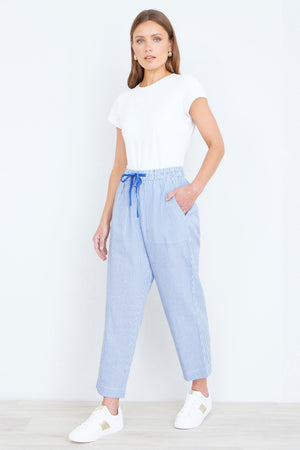 Yumi Blue Cotton Stripe Cropped Trousers