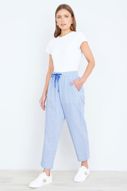 Yumi Blue Cotton Stripe Cropped Trousers