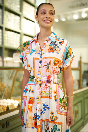 Yumi Ivory Tropical Postcard Print Relaxed Midi Shirt Dress