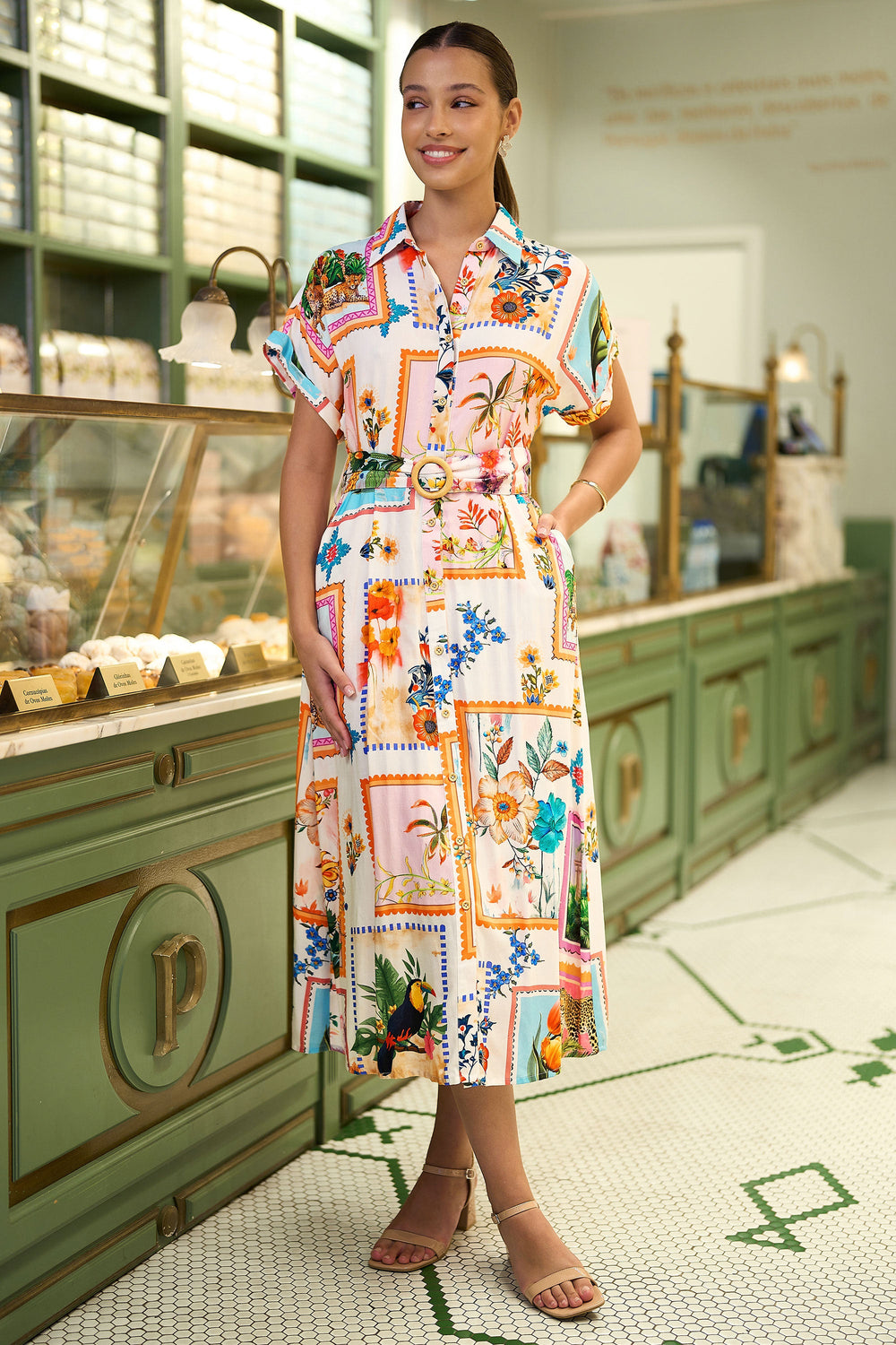 Yumi Ivory Tropical Postcard Print Relaxed Midi Shirt Dress