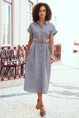 Yumi Black Gingham Relaxed Shirt Dress With Matching Belt