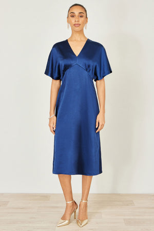 Yumi Navy Satin Midi Kimono Dress