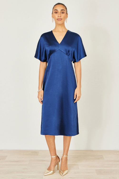 Yumi Navy Satin Midi Kimono Dress