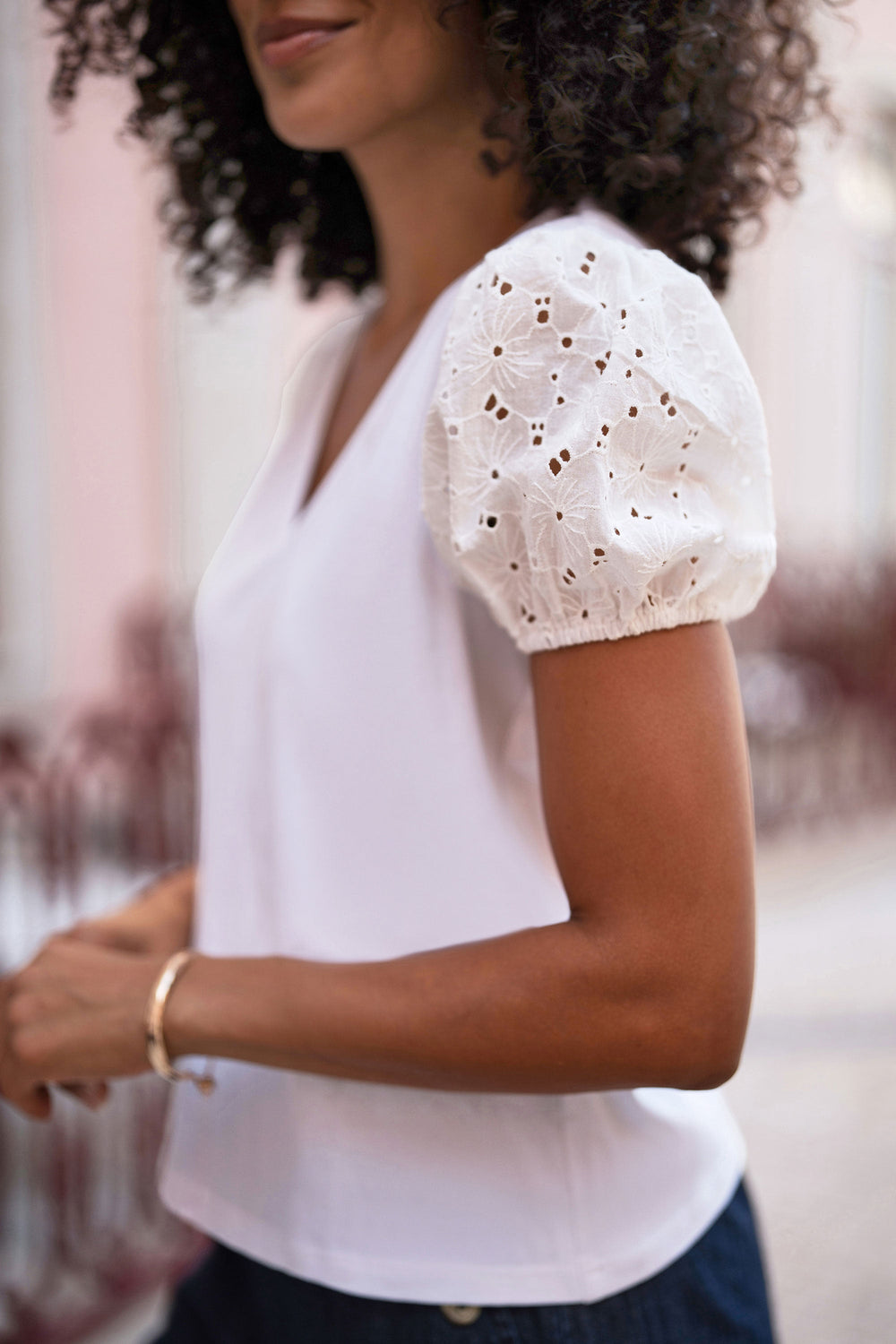 Yumi White Cotton Jersey T-Shirt With Lace Sleeves