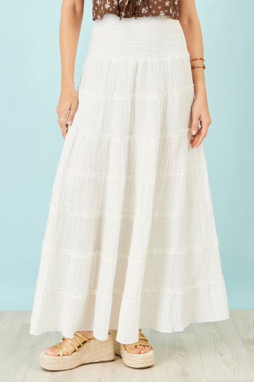 Yumi White Double Cotton Tiered Boho Maxi Skirt
