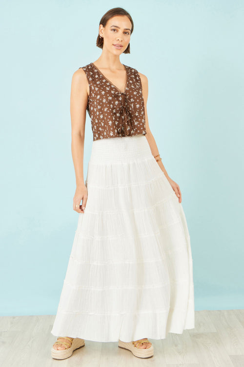 Yumi White Double Cotton Tiered Boho Maxi Skirt