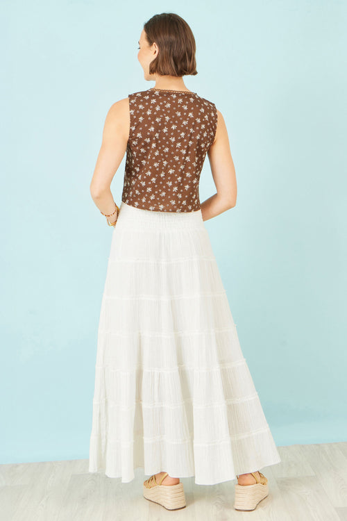 Yumi White Double Cotton Tiered Boho Maxi Skirt