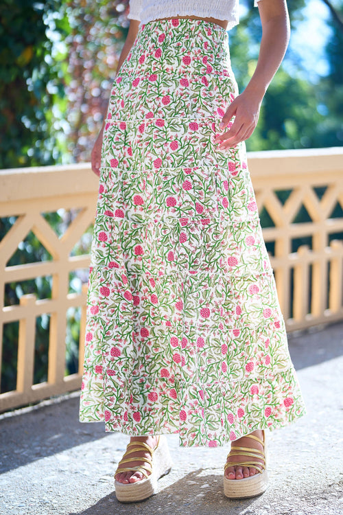 Yumi White Boho Print Cotton Floral Maxi Skirt