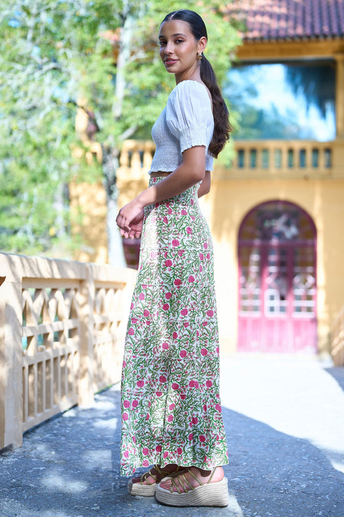 Yumi White Boho Print Cotton Floral Maxi Skirt
