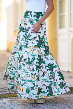 Yumi White Animal Print Cotton Tiered Maxi Skirt