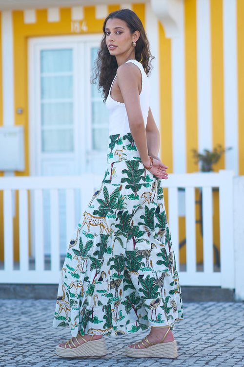 Yumi White Animal Print Cotton Tiered Maxi Skirt
