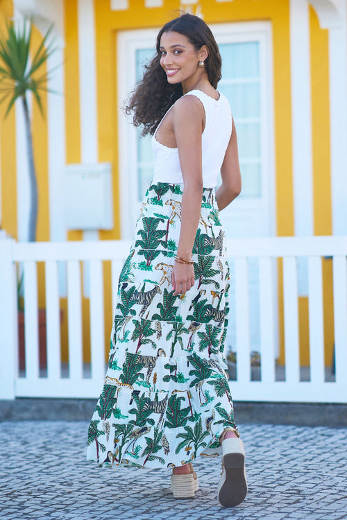 Yumi White Animal Print Cotton Tiered Maxi Skirt