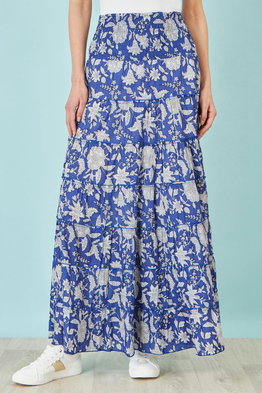 Yumi Blue Floral Cotton Tiered Maxi Skirt
