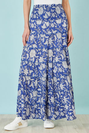 Yumi Blue Floral Cotton Tiered Maxi Skirt