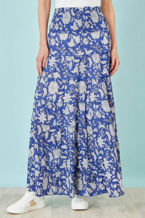 Yumi Blue Floral Cotton Tiered Maxi Skirt