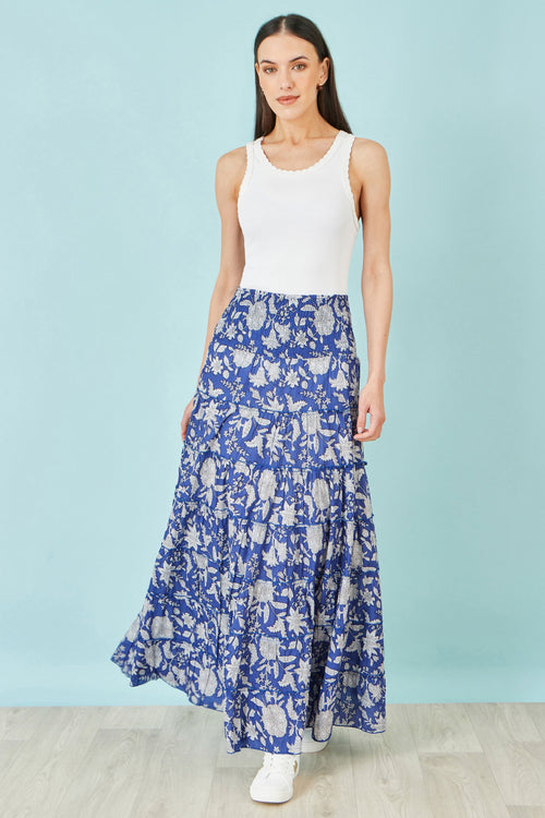 Yumi Blue Floral Cotton Tiered Maxi Skirt