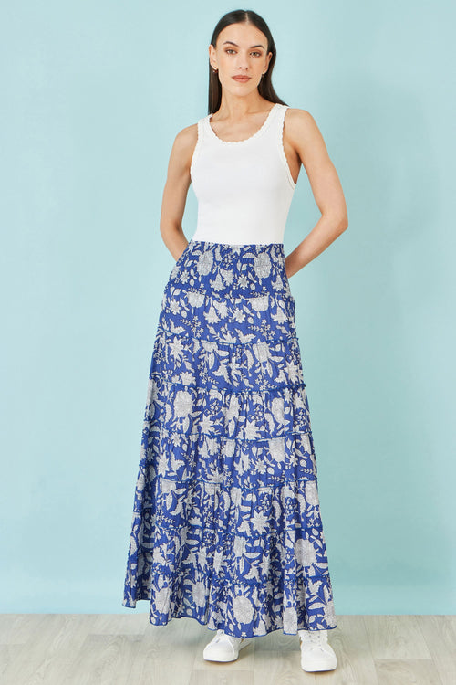 Yumi Blue Floral Cotton Tiered Maxi Skirt