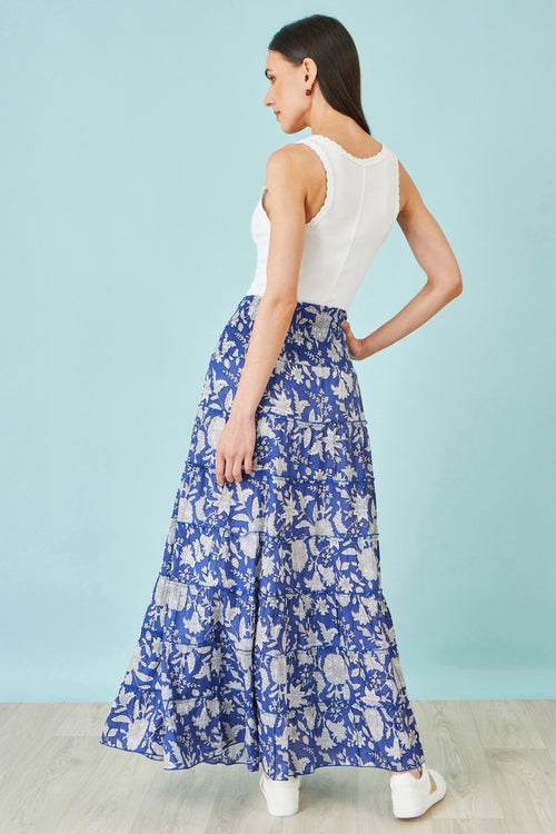 Yumi Blue Floral Cotton Tiered Maxi Skirt