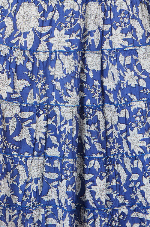 Yumi Blue Floral Cotton Tiered Maxi Skirt