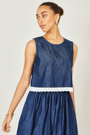 Yumi Blue Cotton Chambray Top With Lace Trims