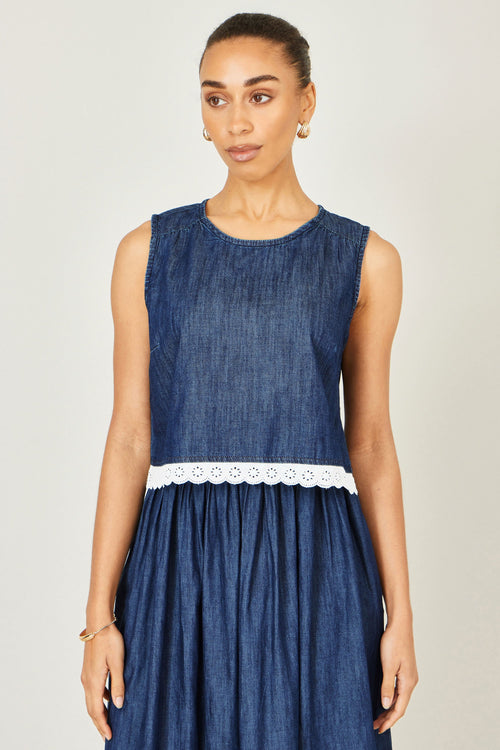 Yumi Blue Cotton Chambray Top With Lace Trims