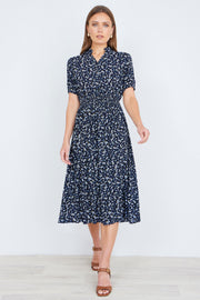 Yumi Navy Ditsy Floral Midi Shirt Dress With Ruched Waist