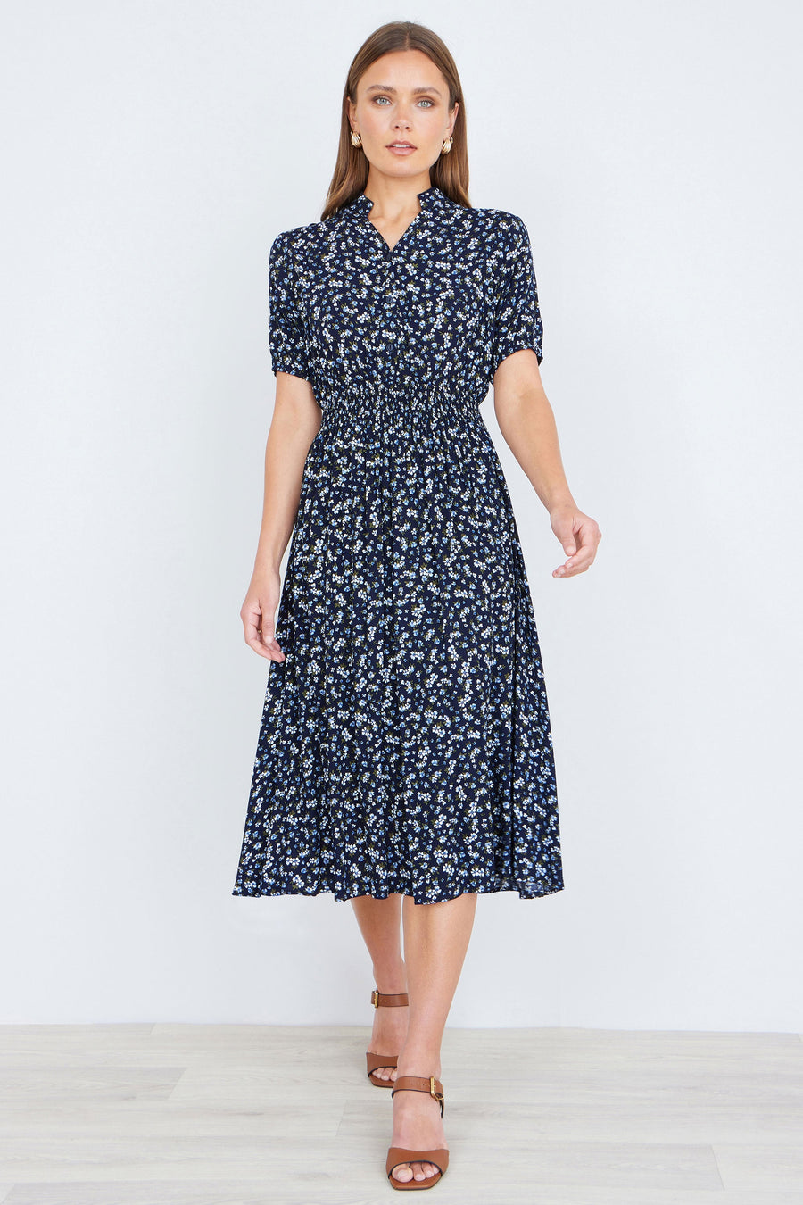 Yumi Navy Ditsy Floral Midi Shirt Dress With Ruched Waist