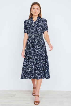 Yumi Navy Ditsy Floral Midi Shirt Dress With Ruched Waist