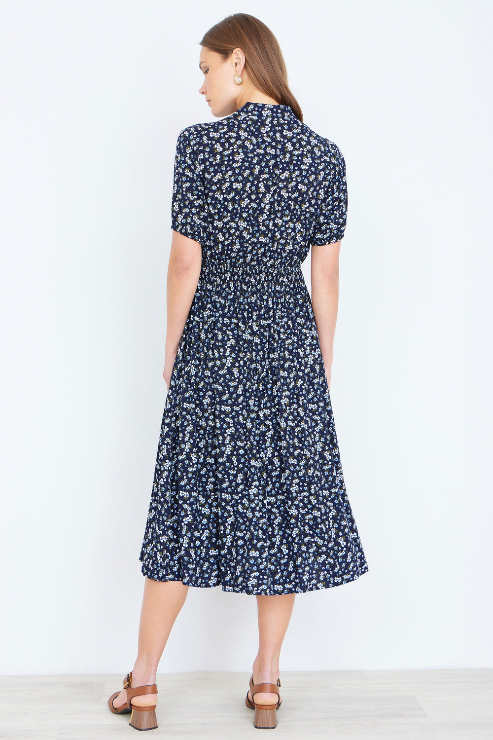 Yumi Navy Ditsy Floral Midi Shirt Dress With Ruched Waist