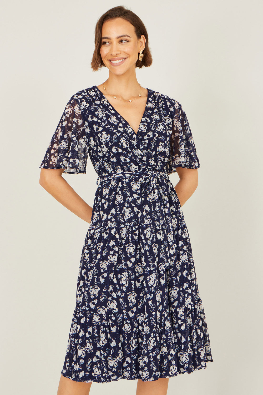 Yumi Navy Floral Mesh Wrap Dress