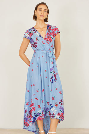 Yumi Blue Floral Mirror Wrap High Low Midi Wrap Dress