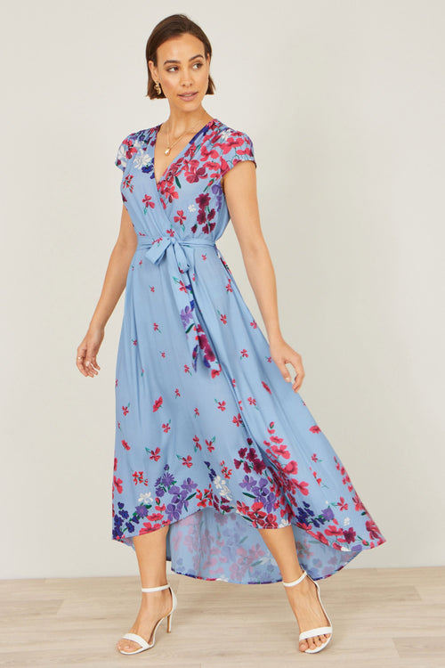 Yumi Blue Floral Mirror Wrap High Low Midi Wrap Dress