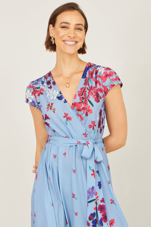 Yumi Blue Floral Mirror Wrap High Low Midi Wrap Dress