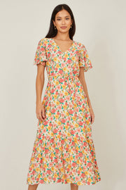 Yumi Multicolour Midi Tea Dress With Angel Sleeves