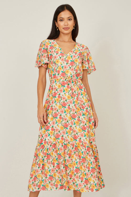Yumi Multicolour Midi Tea Dress With Angel Sleeves