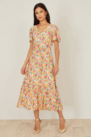 Yumi Multicolour Midi Tea Dress With Angel Sleeves