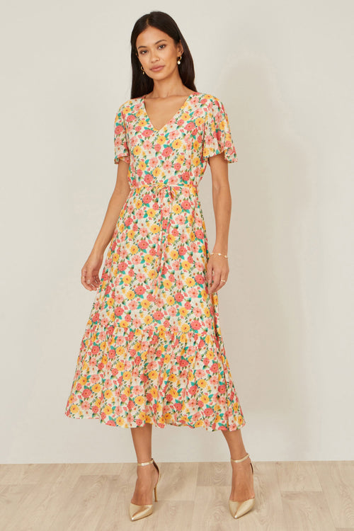 Yumi Multicolour Midi Tea Dress With Angel Sleeves