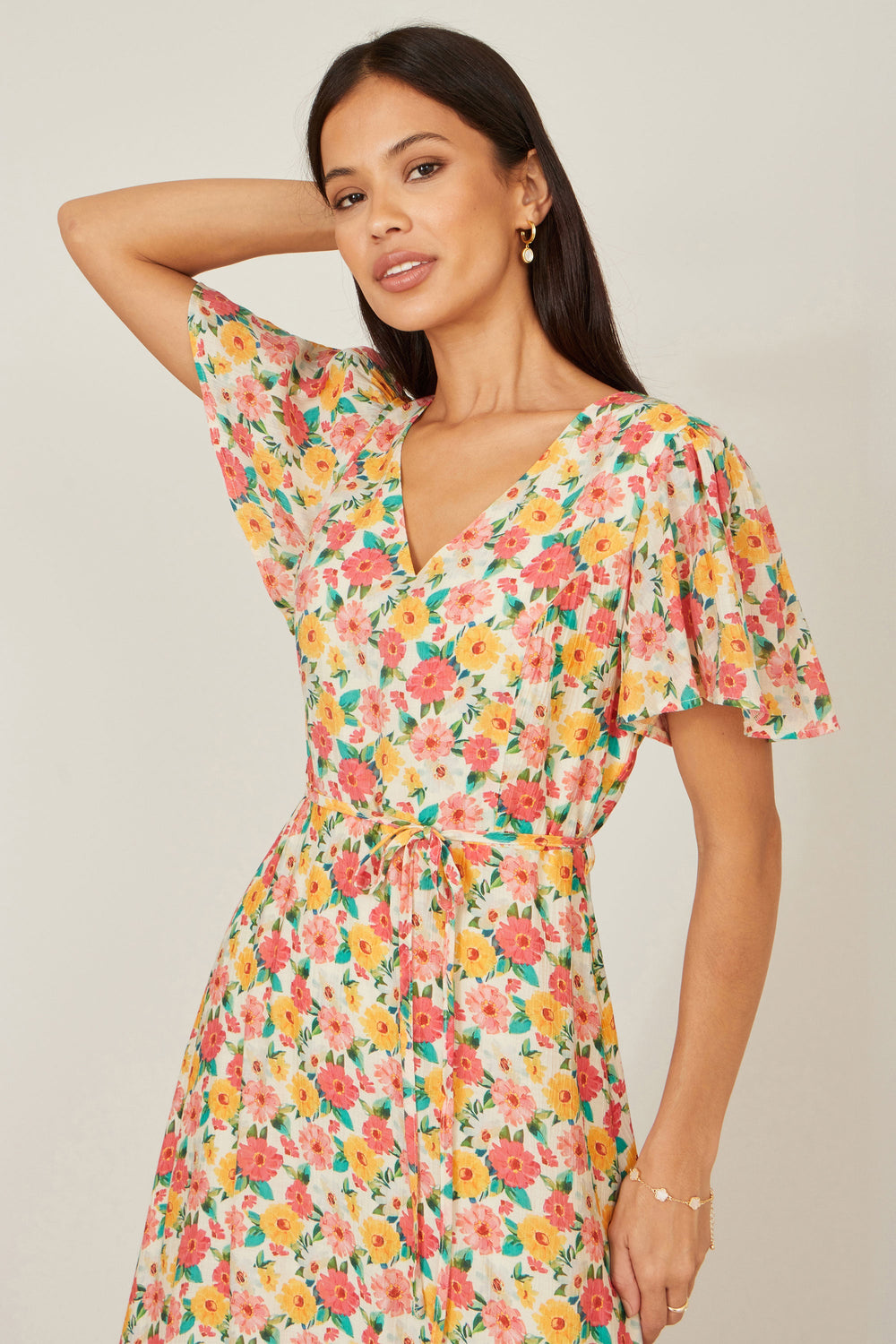 Yumi Multicolour Midi Tea Dress With Angel Sleeves