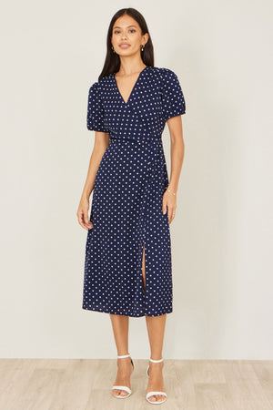 Yumi Navy Spot Wrap Midi Tea Dress