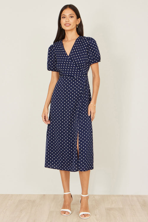 Yumi Navy Spot Wrap Midi Tea Dress