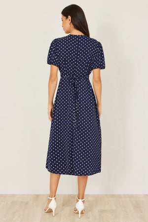 Yumi Navy Spot Wrap Midi Tea Dress