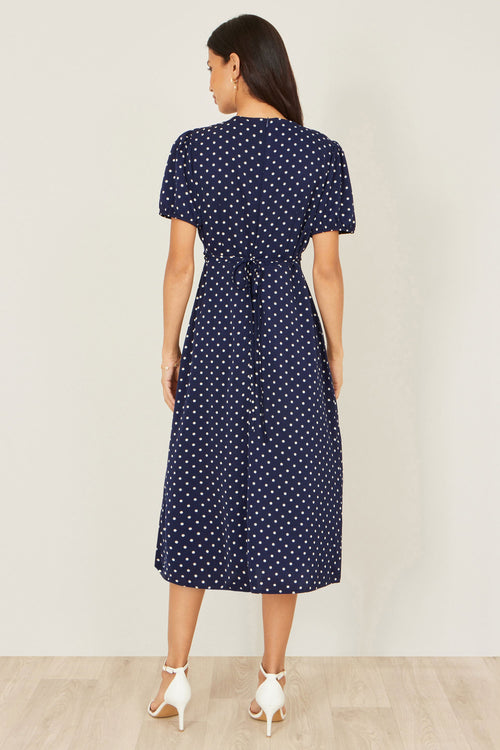 Yumi Navy Spot Wrap Midi Tea Dress