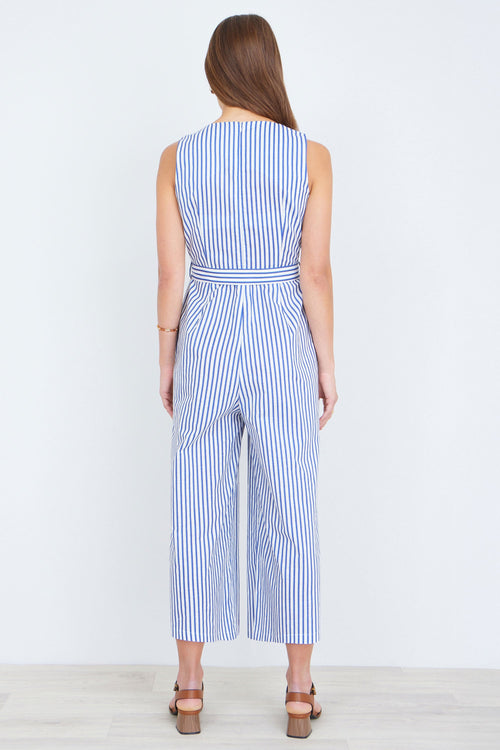 Yumi Blue Cotton Stripe Culotte Jumpsuit