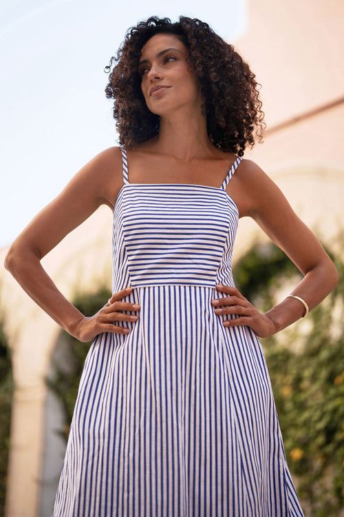 Yumi Blue Stripe Cotton Sun Dress With Ruched Back