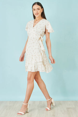 Yumi White Rose Print Wrap Over Frill Dress