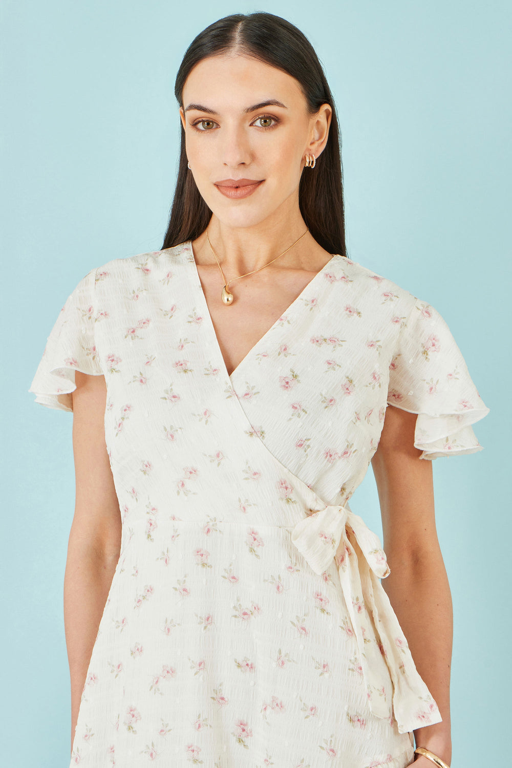 Yumi White Rose Print Wrap Over Frill Dress