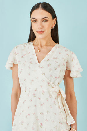 Yumi White Rose Print Wrap Over Frill Dress
